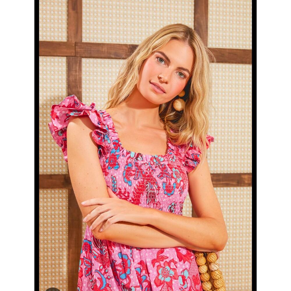 Tuckernuck Mallie Smocked Floral Ruffle Midi Dress Size Medium Pink Cottagecore - Picture 2 of 10
